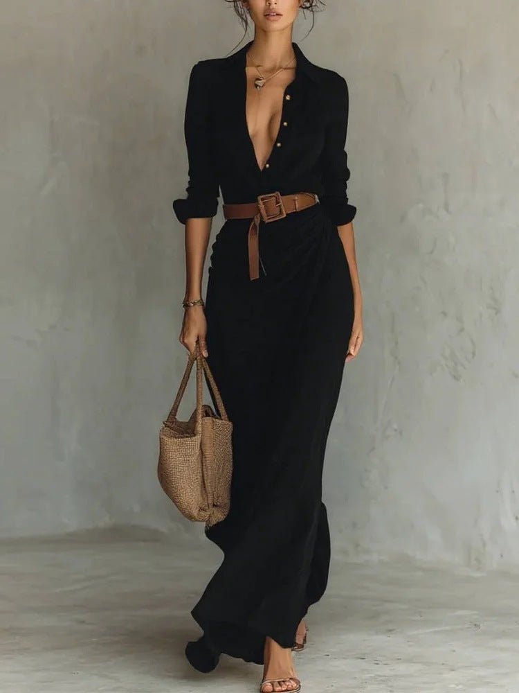 Vionelle | Wrap Dress for Women – Lapel Neck Tie Waist Elegant Fit-Dresses-Black-XS-Camoufit