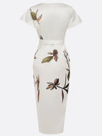Women's Elegant Wrap Dress with Leaf Print Tie Belt Flattering Silhouette Flowy Maxi Dress-Dresses-White-S-