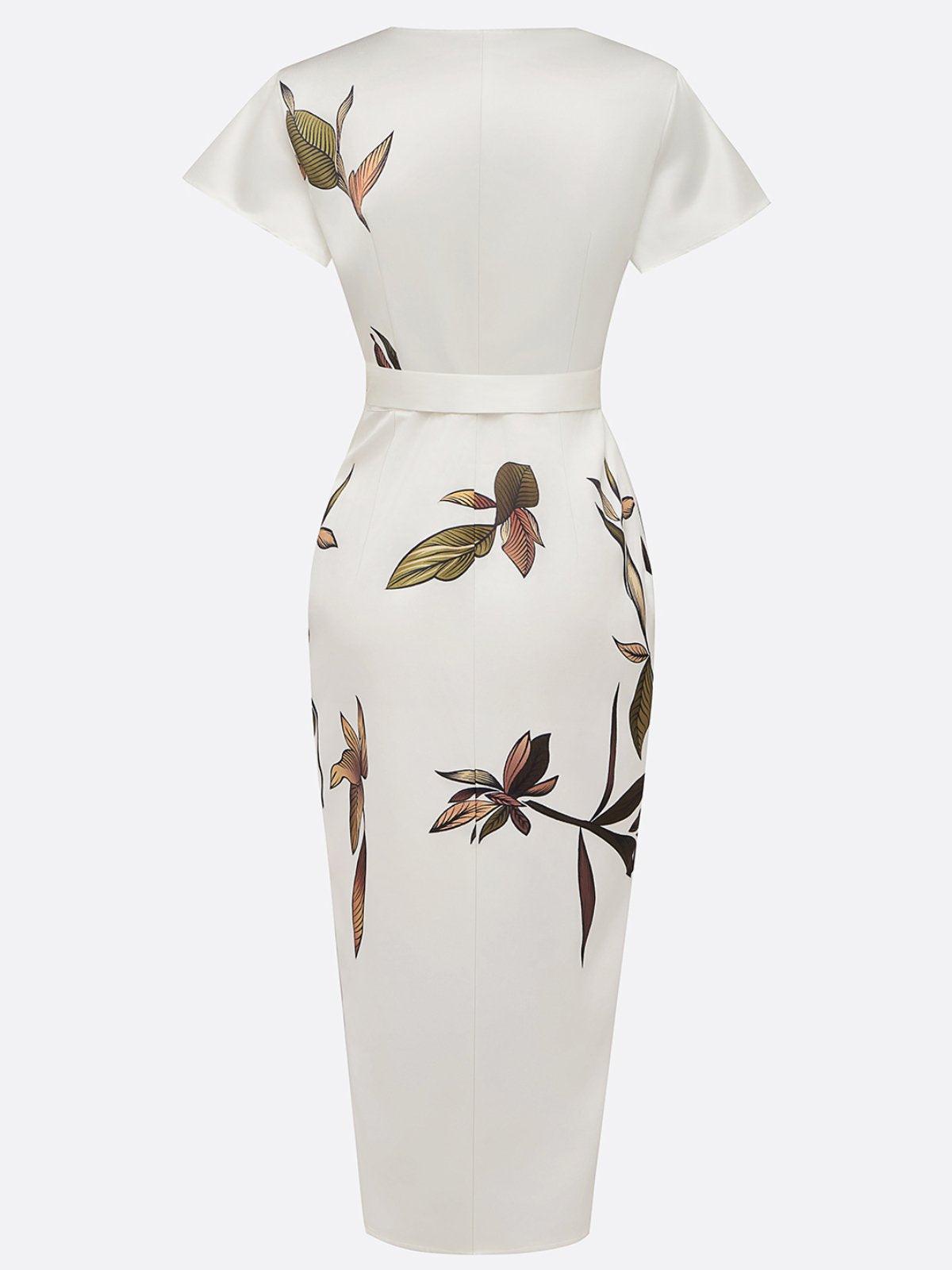 Women's Elegant Wrap Dress with Leaf Print Tie Belt Flattering Silhouette Flowy Maxi Dress-Dresses-White-S-