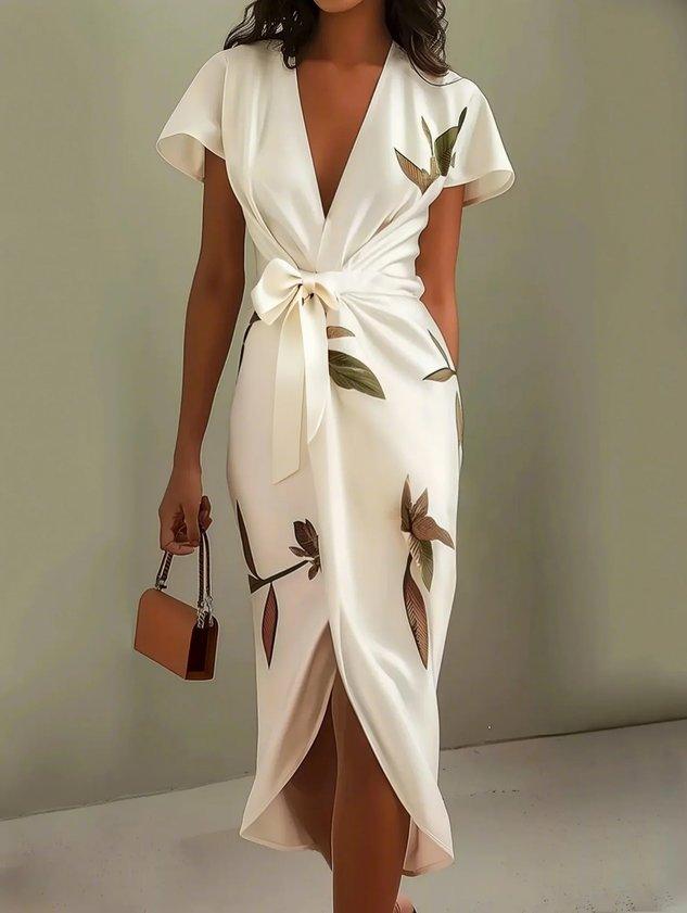Women's Elegant Wrap Dress with Leaf Print Tie Belt Flattering Silhouette Flowy Maxi Dress-Dresses-White-S-