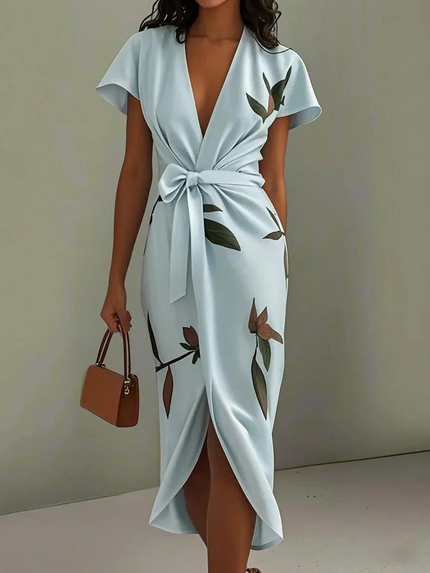 Women's Elegant Wrap Dress with Leaf Print Tie Belt Flattering Silhouette Flowy Maxi Dress-Dresses-Light Blue-S-