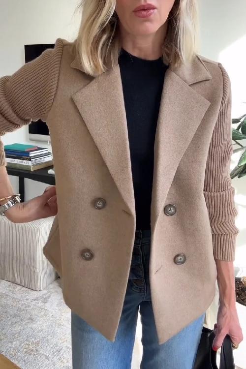 Amora Women's Blazer - Knit Sleeve Double-Breasted Elegant Fit-Women's Blazer-Brown-XS-Camoufit
