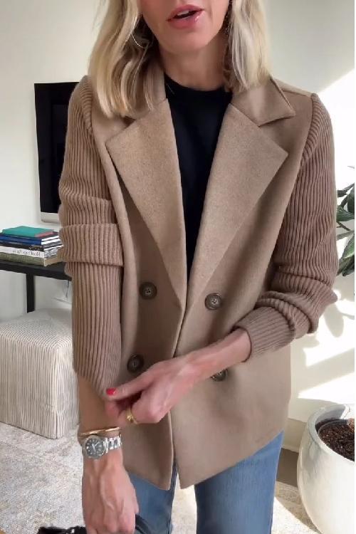 Amora Women's Blazer - Knit Sleeve Double-Breasted Elegant Fit-Women's Blazer-Pink-XS-Camoufit