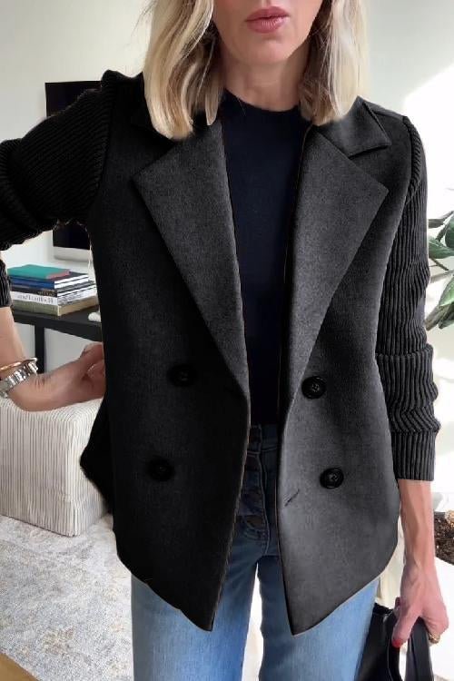 Amora Women's Blazer - Knit Sleeve Double-Breasted Elegant Fit-Women's Blazer-Black-XS-Camoufit