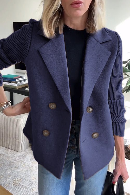 Amora Women's Blazer - Knit Sleeve Double-Breasted Elegant Fit-Women's Blazer-Blue-XS-Camoufit