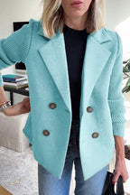 Amora Women's Blazer - Knit Sleeve Double-Breasted Elegant Fit-Women's Blazer-Light Blue-XS-Camoufit