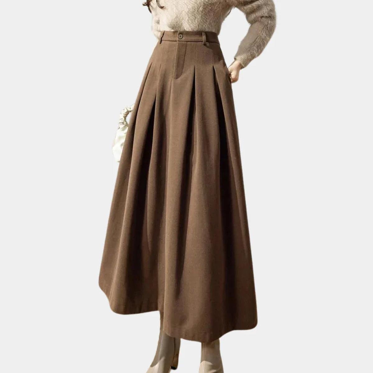 Verisse | A Line Maxi Skirt for Women - Stretch High Waist Pleated Elegant Flowy Fit-Women's Skirt-Coffee-S-Camoufit