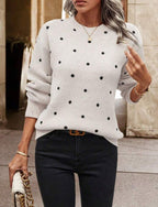 Bellune | Women's Polka Dot Jumper Relaxed Fit Crew Neck Long Sleeve Playful Cosy Knit Pullover-Women's Sweater-White-S-Camoufit