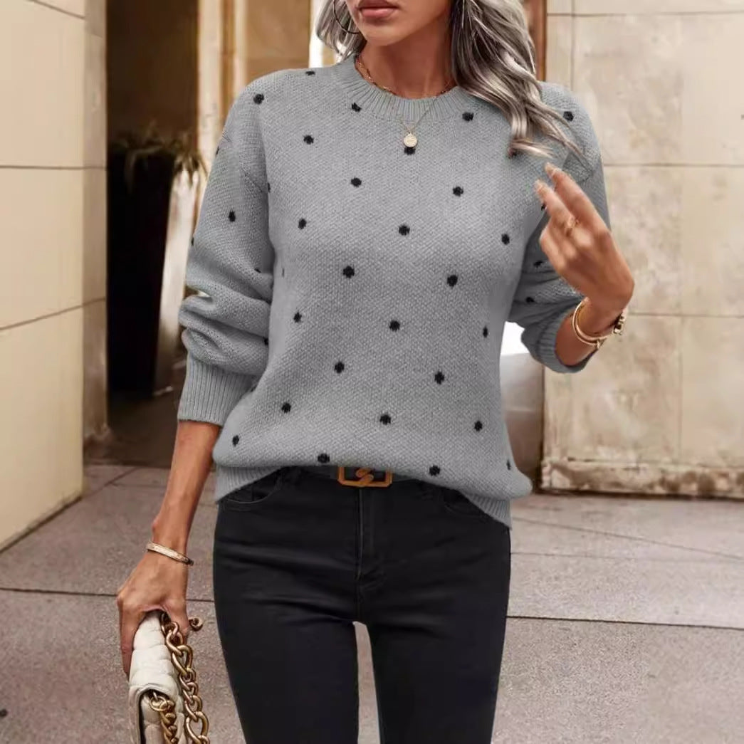 Bellune | Women's Polka Dot Jumper Relaxed Fit Crew Neck Long Sleeve Playful Cosy Knit Pullover-Women's Sweater-Grey-S-Camoufit
