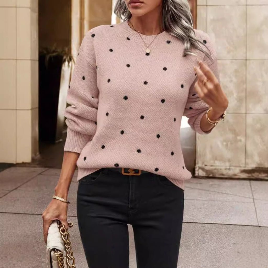 Bellune | Women's Polka Dot Jumper Relaxed Fit Crew Neck Long Sleeve Playful Cosy Knit Pullover-Women's Sweater-Pink-S-Camoufit