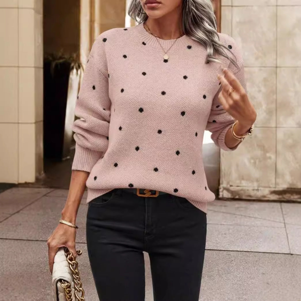Bellune | Women's Polka Dot Jumper Relaxed Fit Crew Neck Long Sleeve Playful Cosy Knit Pullover-Women's Sweater-Pink-S-Camoufit