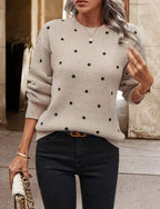 Bellune | Women's Polka Dot Jumper Relaxed Fit Crew Neck Long Sleeve Playful Cosy Knit Pullover-Women's Sweater-Khaki-S-Camoufit