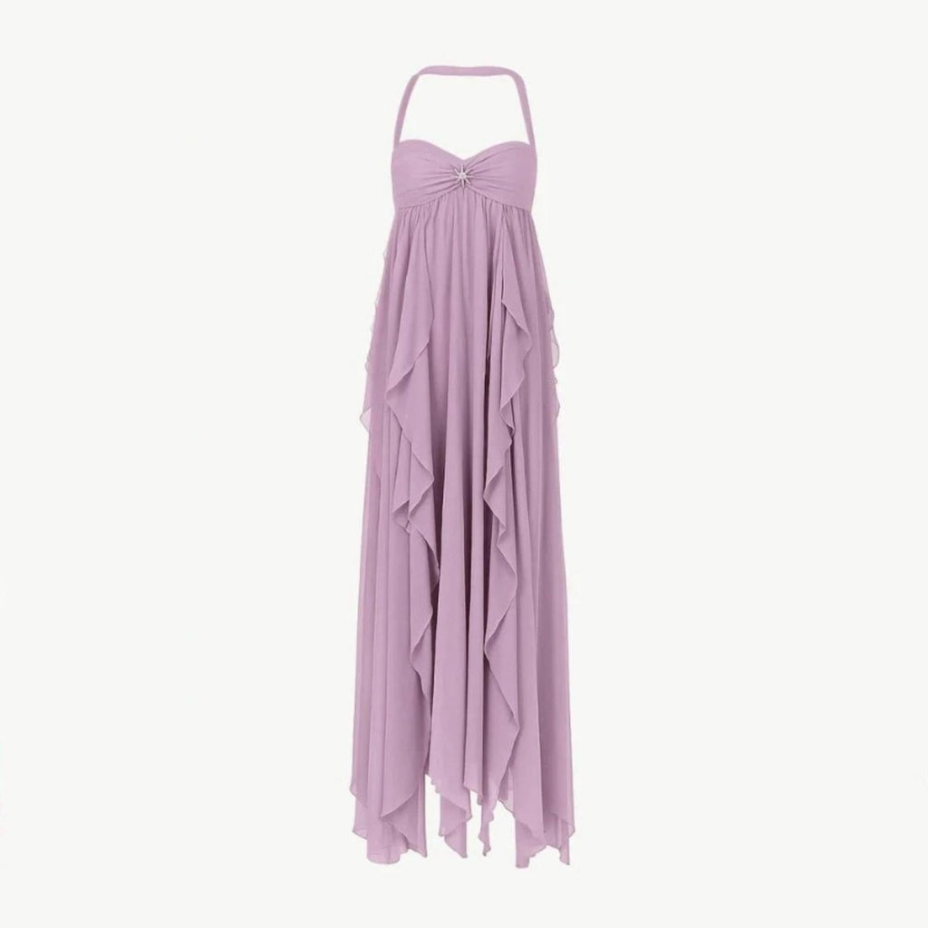 Aloura | Chiffon Maxi Dress for Women - Open Back Embellished Diamond Wavy Elegant Fit-Dresses-Purple-XS-Camoufit