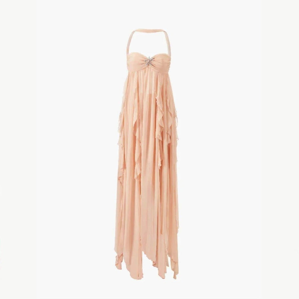 Aloura | Chiffon Maxi Dress for Women - Open Back Embellished Diamond Wavy Elegant Fit-Dresses-Peach-XS-Camoufit