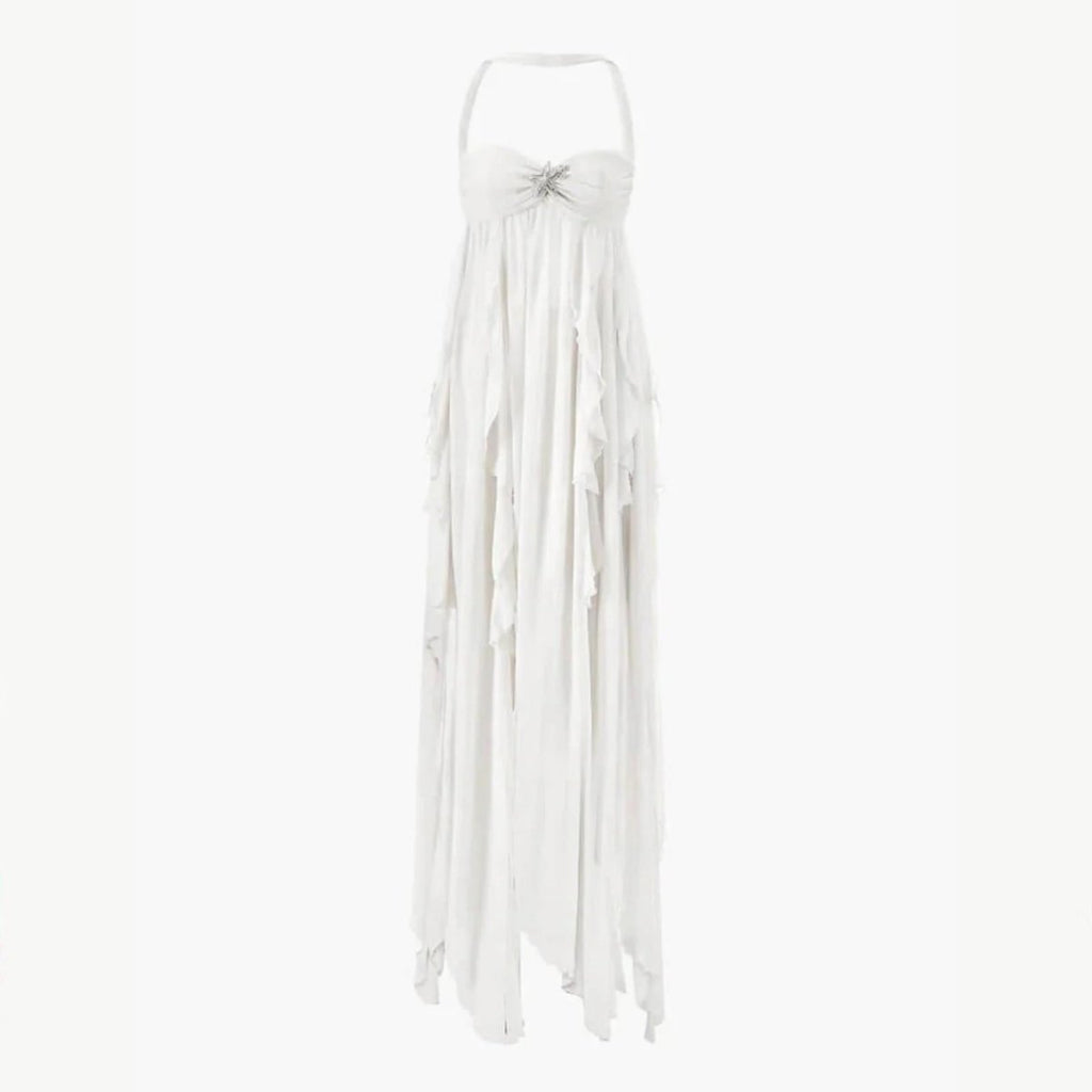 Aloura | Chiffon Maxi Dress for Women - Open Back Embellished Diamond Wavy Elegant Fit-Dresses-White-XS-Camoufit