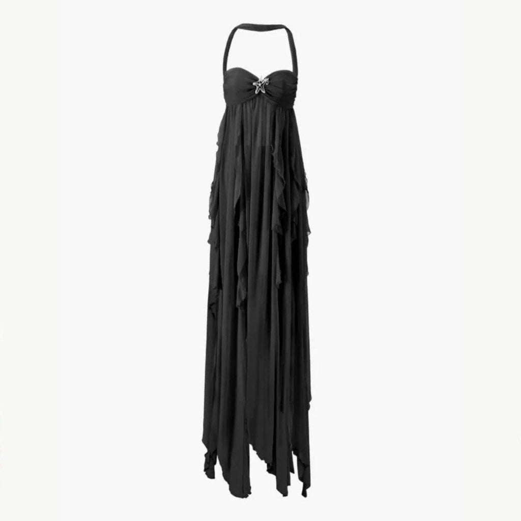 Aloura | Chiffon Maxi Dress for Women - Open Back Embellished Diamond Wavy Elegant Fit-Dresses-Black-XS-Camoufit