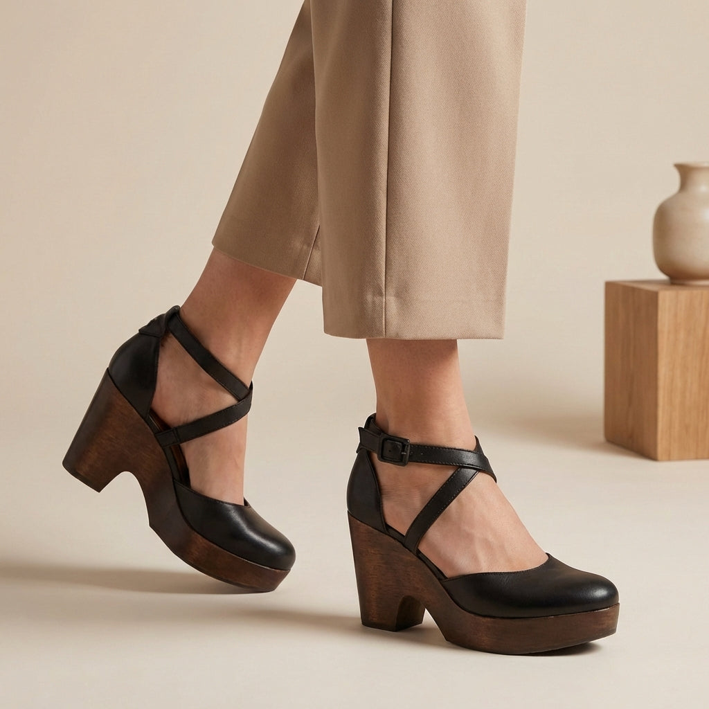 Women's Closed-Toe Platform Wedges with Wood Heel Criss-Cross Ankle Straps Summer Sandals-Women's Heels-Black-4-