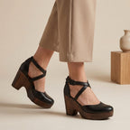 Women's Closed-Toe Platform Wedges with Wood Heel Criss-Cross Ankle Straps Summer Sandals-Women's Heels-Black-4-