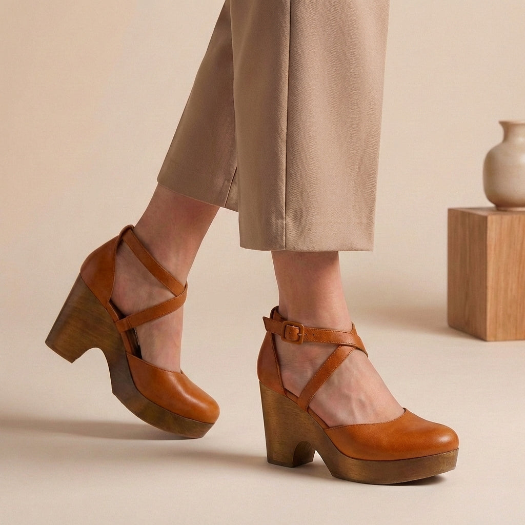 Women's Closed-Toe Platform Wedges with Wood Heel Criss-Cross Ankle Straps Summer Sandals-Women's Heels-Brown-4-