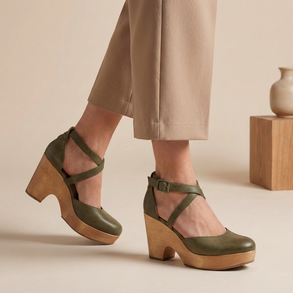 Women's Closed-Toe Platform Wedges with Wood Heel Criss-Cross Ankle Straps Summer Sandals-Women's Heels-Green-4-