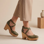 Women's Closed-Toe Platform Wedges with Wood Heel Criss-Cross Ankle Straps Summer Sandals-Women's Heels-Green-4-