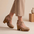 Women's Closed-Toe Platform Wedges with Wood Heel Criss-Cross Ankle Straps Summer Sandals-Women's Heels-Khaki-4-