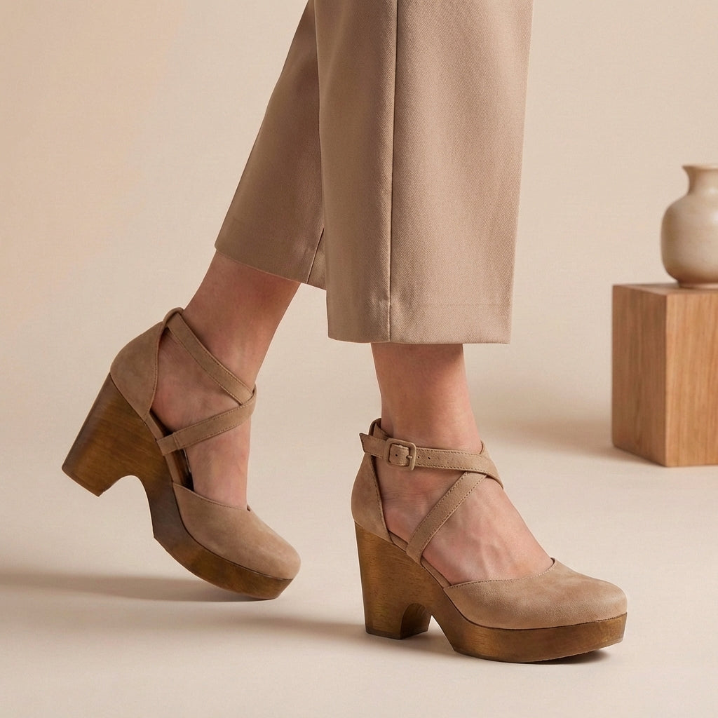 Women's Closed-Toe Platform Wedges with Wood Heel Criss-Cross Ankle Straps Summer Sandals-Women's Heels-Khaki-4-