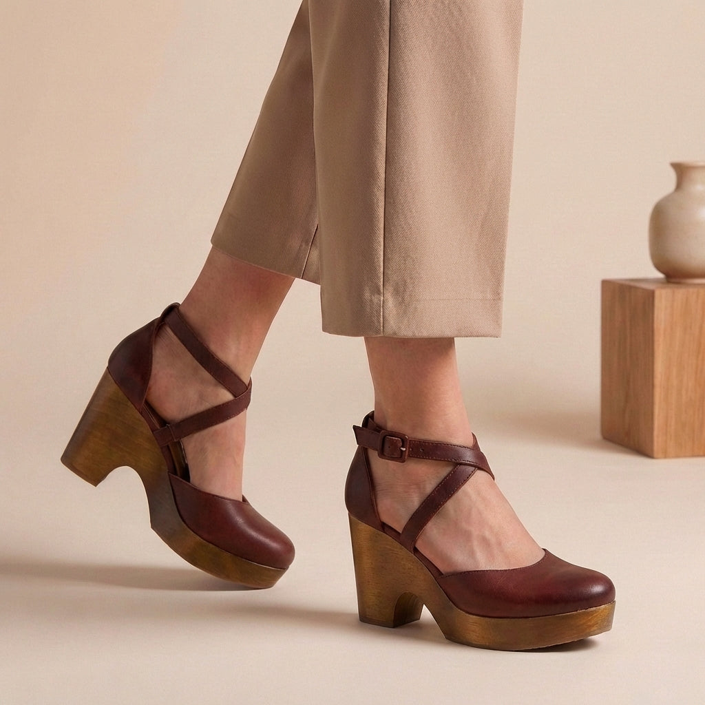 Women's Closed-Toe Platform Wedges with Wood Heel Criss-Cross Ankle Straps Summer Sandals-Women's Heels-Red-4-