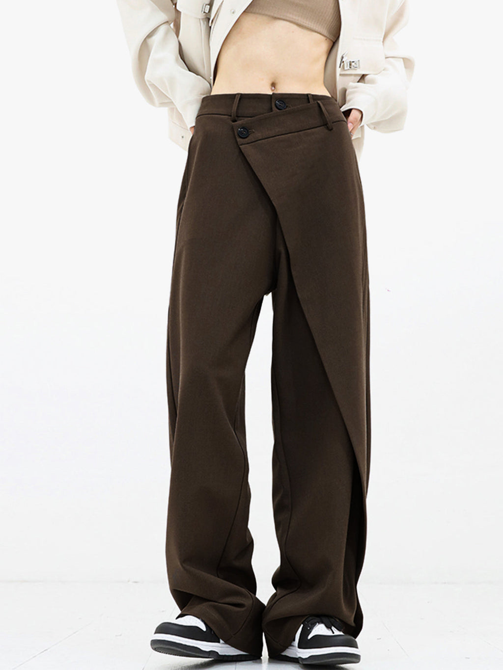 Alviera | Wide Leg Dress Pants for Women – Asymmetrical Relaxed Fit-Women's Pants-Dark Brown-XS-Camoufit