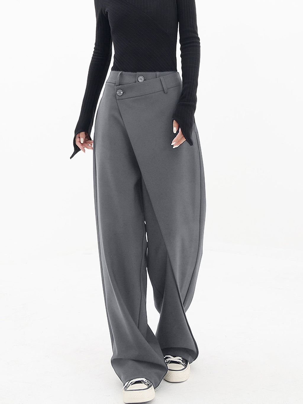 Alviera | Wide Leg Dress Pants for Women – Asymmetrical Relaxed Fit-Women's Pants-Grey-XS-Camoufit