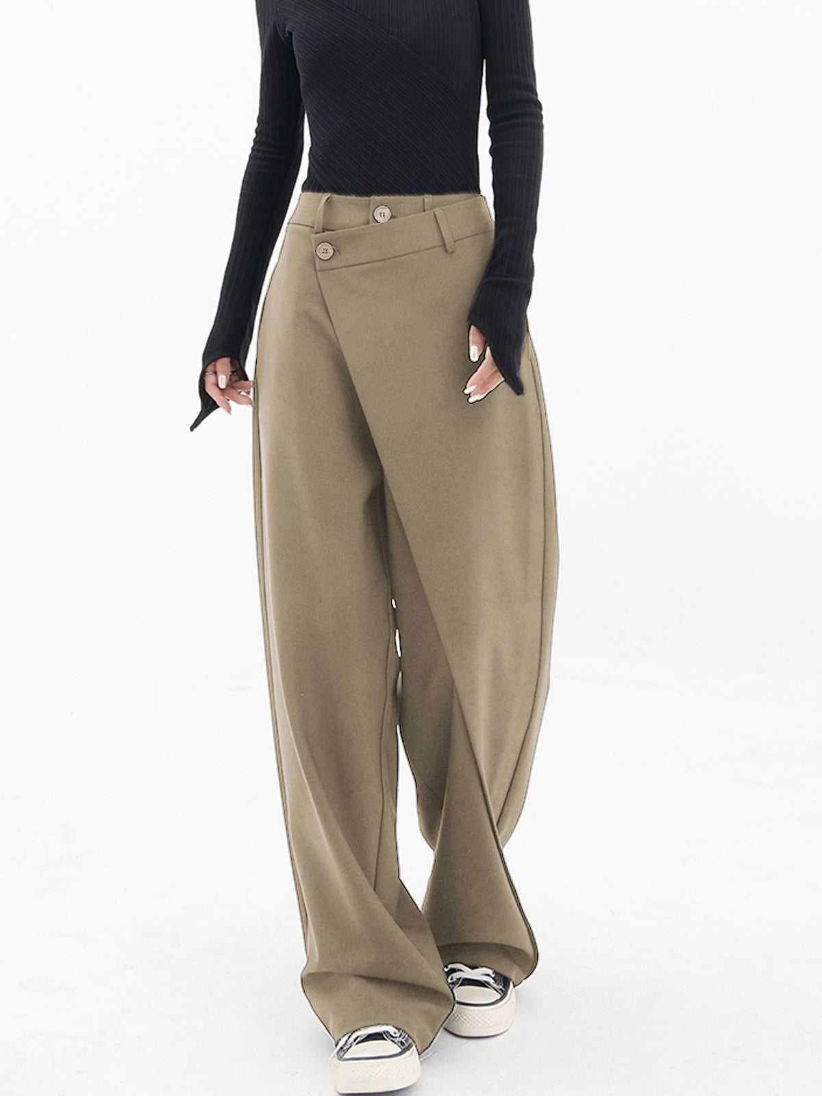 Alviera | Wide Leg Dress Pants for Women – Asymmetrical Relaxed Fit-Women's Pants-Khaki-XS-Camoufit