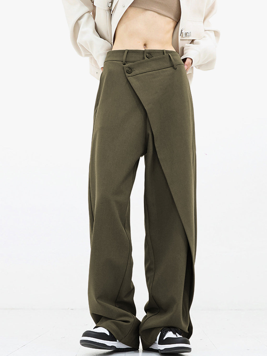 Alviera | Wide Leg Dress Pants for Women – Asymmetrical Relaxed Fit-Women's Pants-ArmyGreen-XS-Camoufit