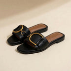 Women's Square Toe Slide Sandals with Metal Accent Cushioned Insole Flat Slip-On Summer Shoes-Women's Slippers-Black-4-