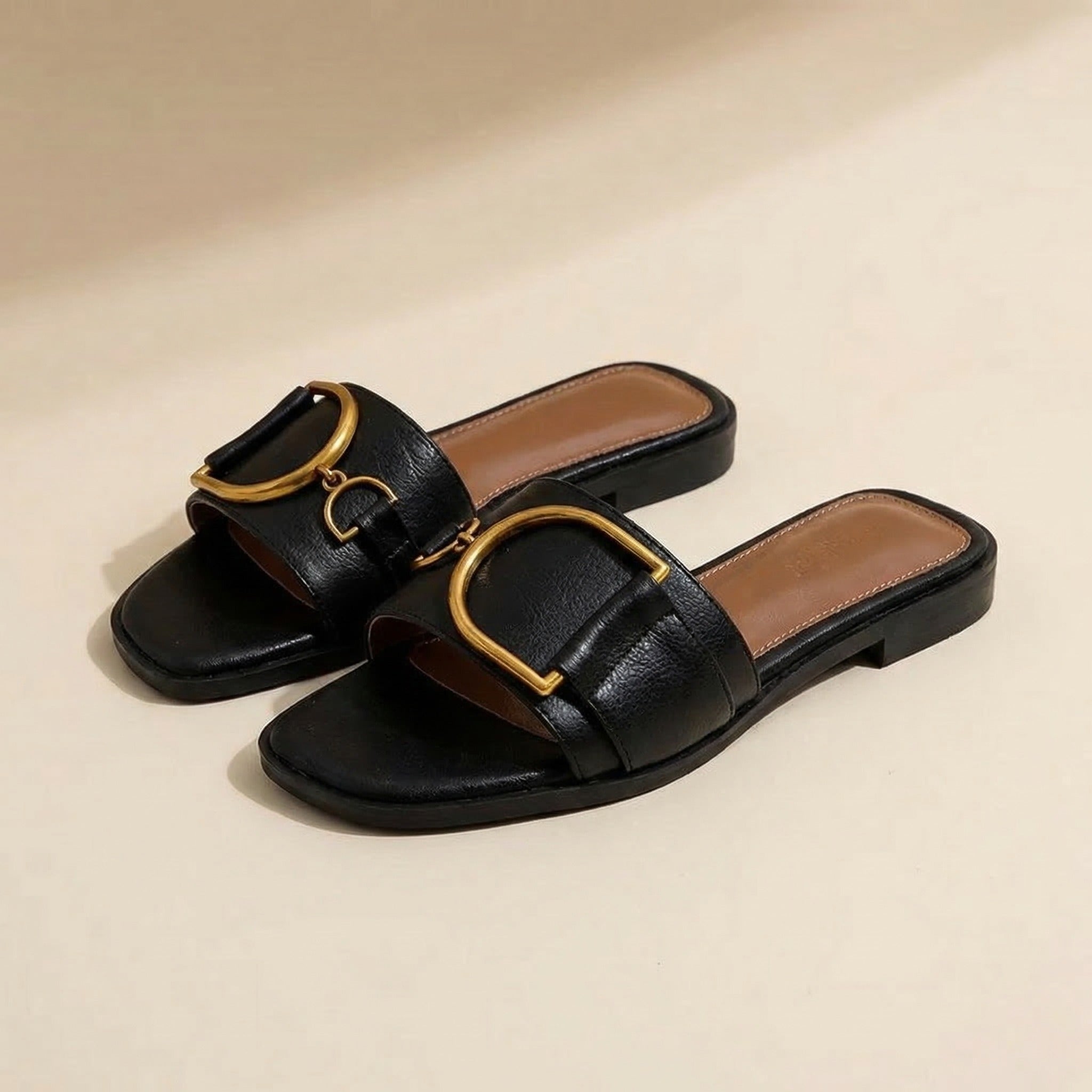 Women's Square Toe Slide Sandals with Metal Accent Cushioned Insole Flat Slip-On Summer Shoes-Women's Slippers-Black-4-