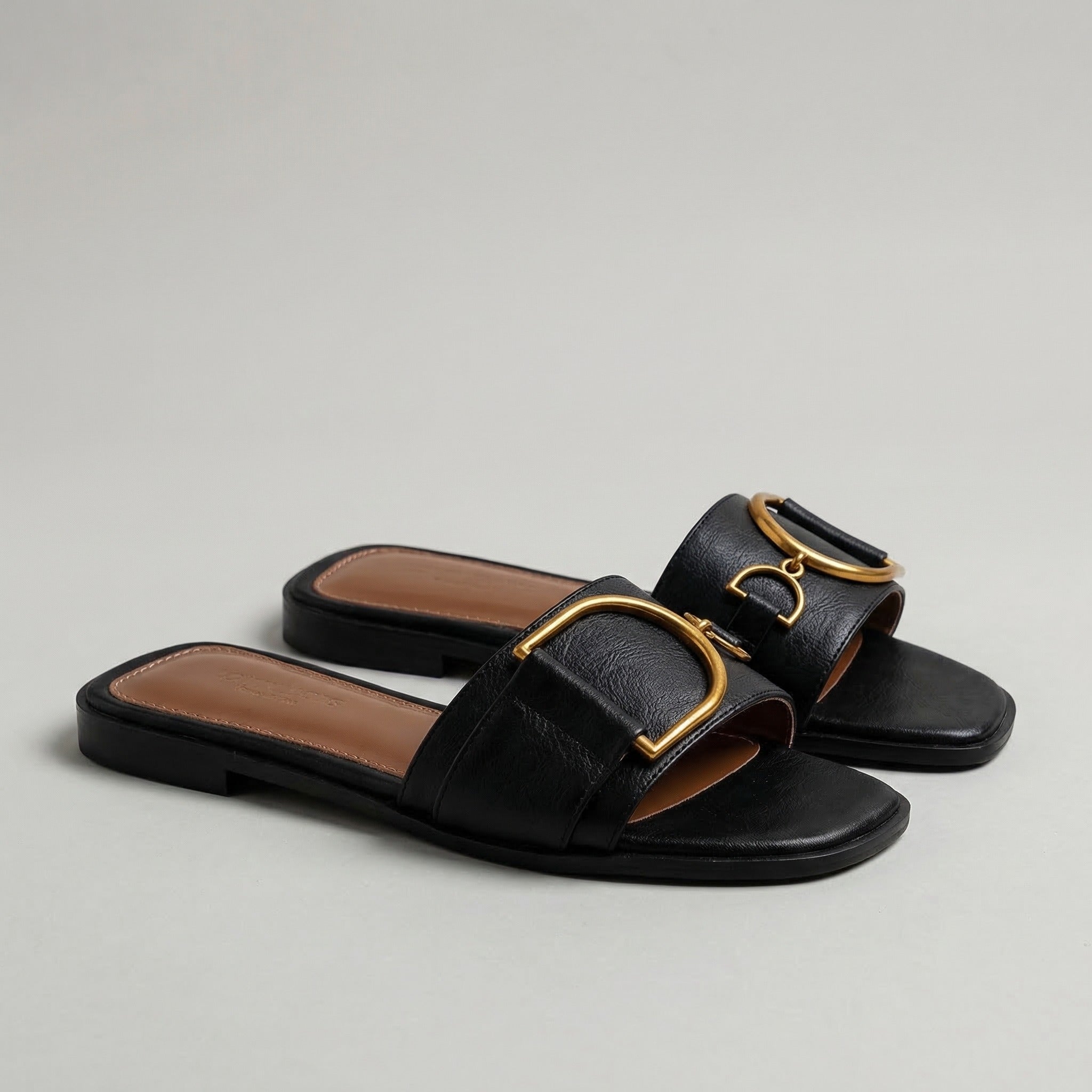 Women's Square Toe Slide Sandals with Metal Accent Cushioned Insole Flat Slip-On Summer Shoes-Women's Slippers-Black-4-