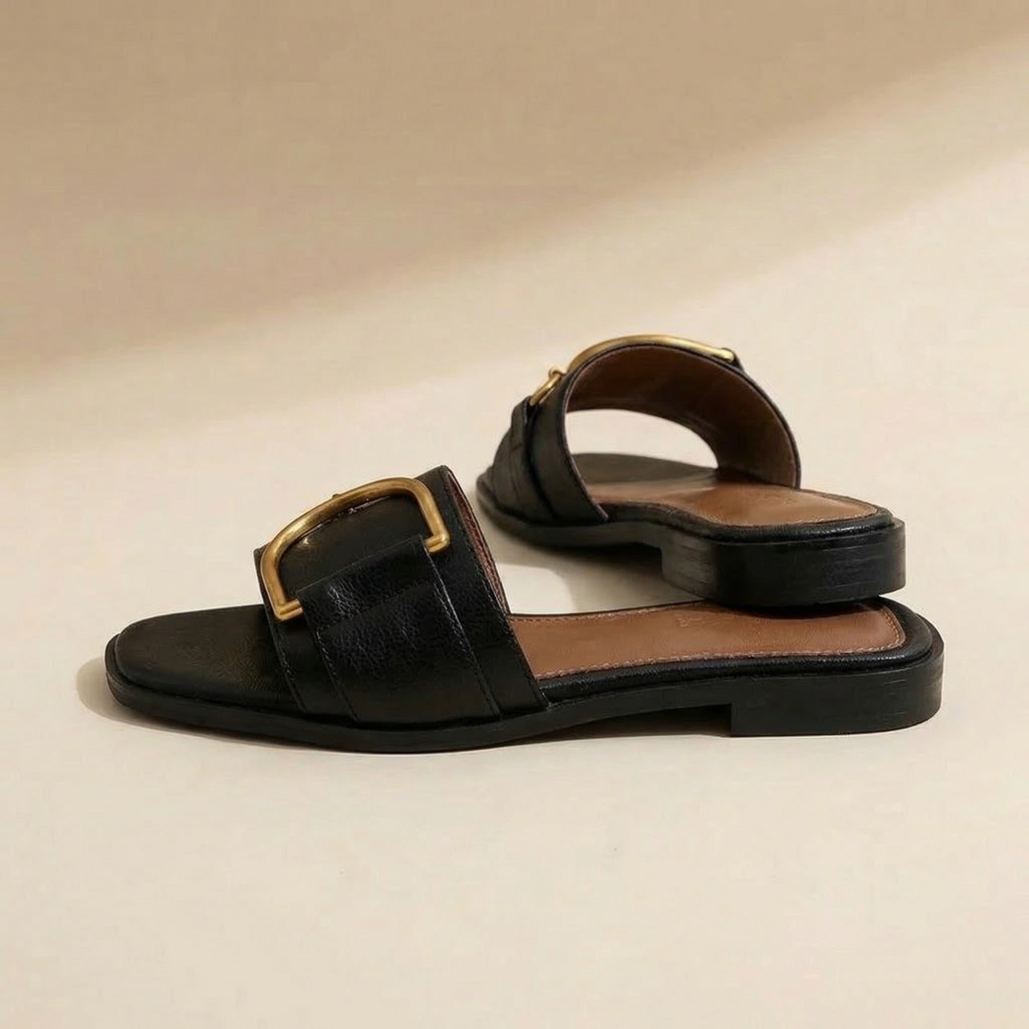 Women's Square Toe Slide Sandals with Metal Accent Cushioned Insole Flat Slip-On Summer Shoes-Women's Slippers-Black-4-