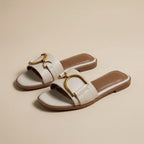 Women's Square Toe Slide Sandals with Metal Accent Cushioned Insole Flat Slip-On Summer Shoes-Women's Slippers-Beige-4-