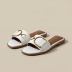 Women's Square Toe Slide Sandals with Metal Accent Cushioned Insole Flat Slip-On Summer Shoes-Women's Slippers-White-4-