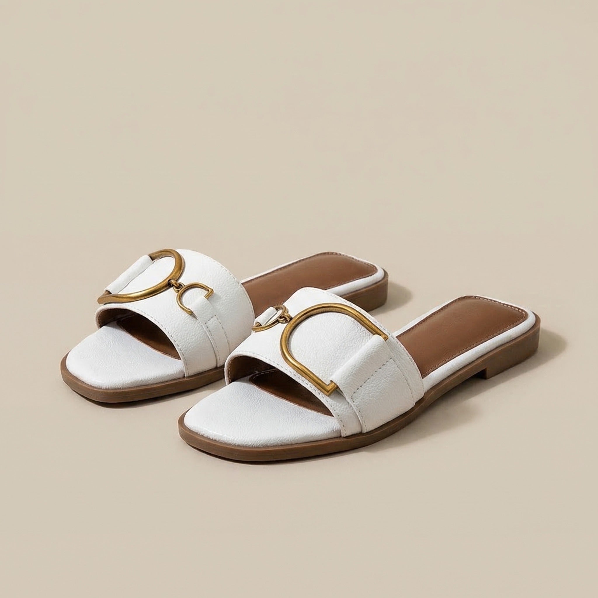 Women's Square Toe Slide Sandals with Metal Accent Cushioned Insole Flat Slip-On Summer Shoes-Women's Slippers-White-4-