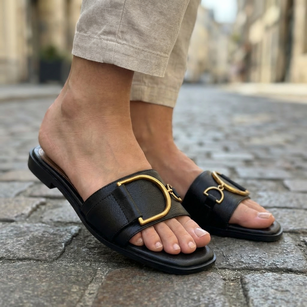 Women's Square Toe Slide Sandals with Metal Accent Cushioned Insole Flat Slip-On Summer Shoes-Women's Slippers-Black-4-