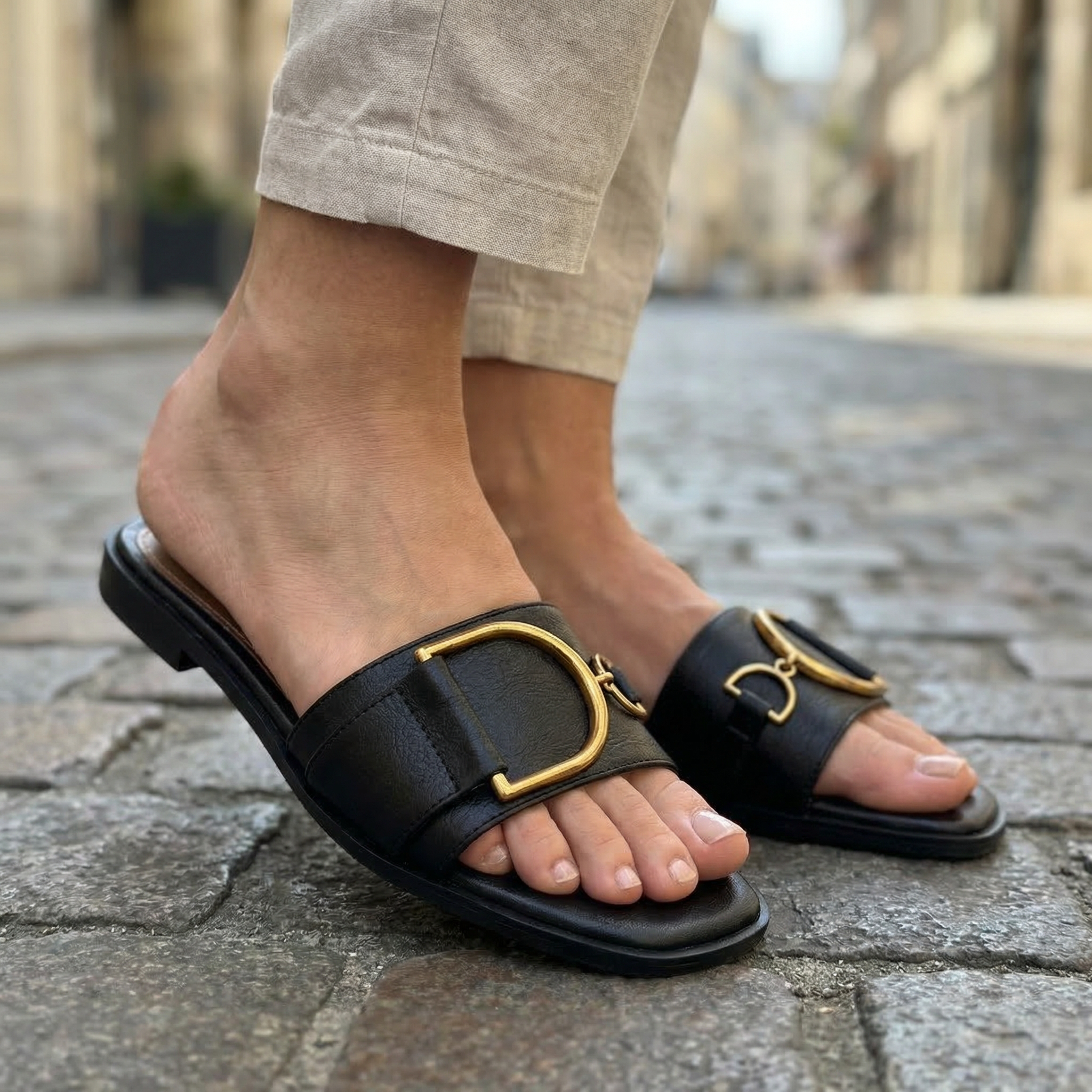 Women's Square Toe Slide Sandals with Metal Accent Cushioned Insole Flat Slip-On Summer Shoes-Women's Slippers-Black-4-