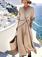Women's Relaxed Dress with V-Neck Draped Waist Detail Flowy Cut Flattering Casual Chic Dress-Dresses-Beige-S-