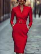 Amélis | Women's Autumn Midi Dress with Flattering Waist Elegant French Style Cocktail Frock-Midi Dresses-Red-S-