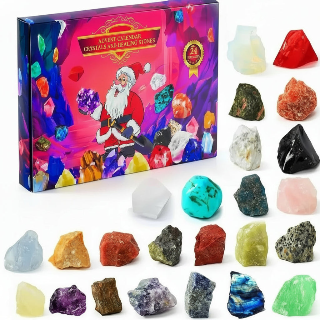 Gemstone advent calendar with colorful crystal stones and raw healing stone pieces