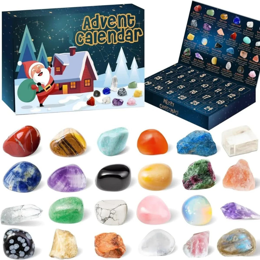 Advent calendar box open, showing numbered windows with loose tumbled gemstone stones
