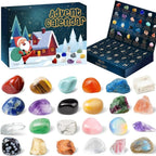 Gemstone advent calendar box open to show numbered grid and crystal stones