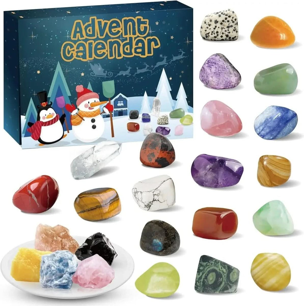 Advent calendar box with multiple gemstone samples laid out