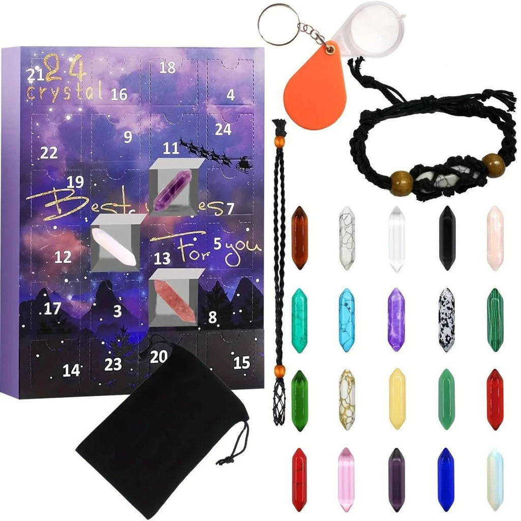 Advent calendar set with keychain, crystal point stones, and beaded charm pieces