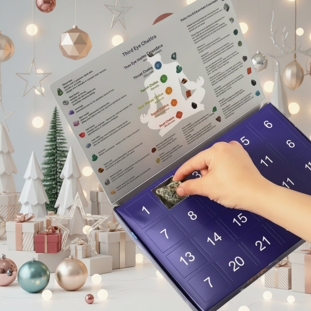 Gemstone advent calendar with numbered openings and instructions, hand inserting a crystal