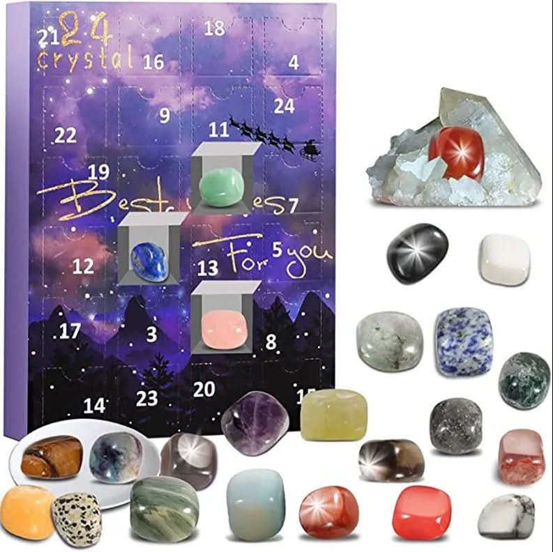 Advent calendar door sheet with gemstone samples including crystal rocks and tumbled stones